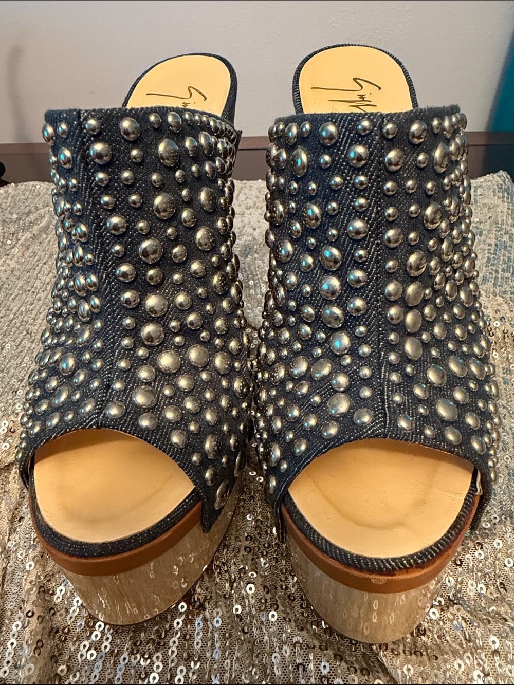 Giuseppe Zanotti Navy Studded Open-Toe Mules